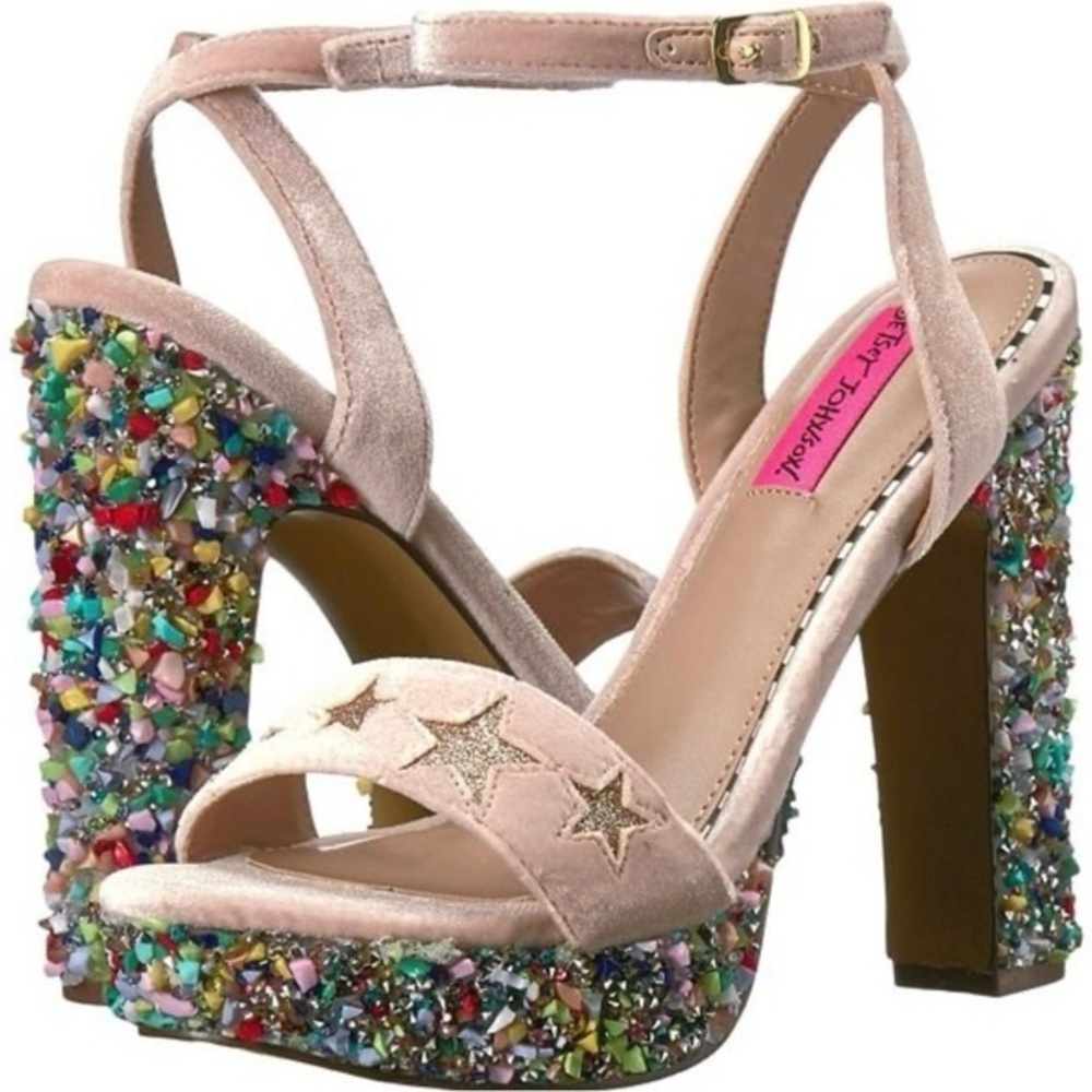Betsey Johnson Kenna Embellished Platform Sandals Pink 6 Tan Bling Rock